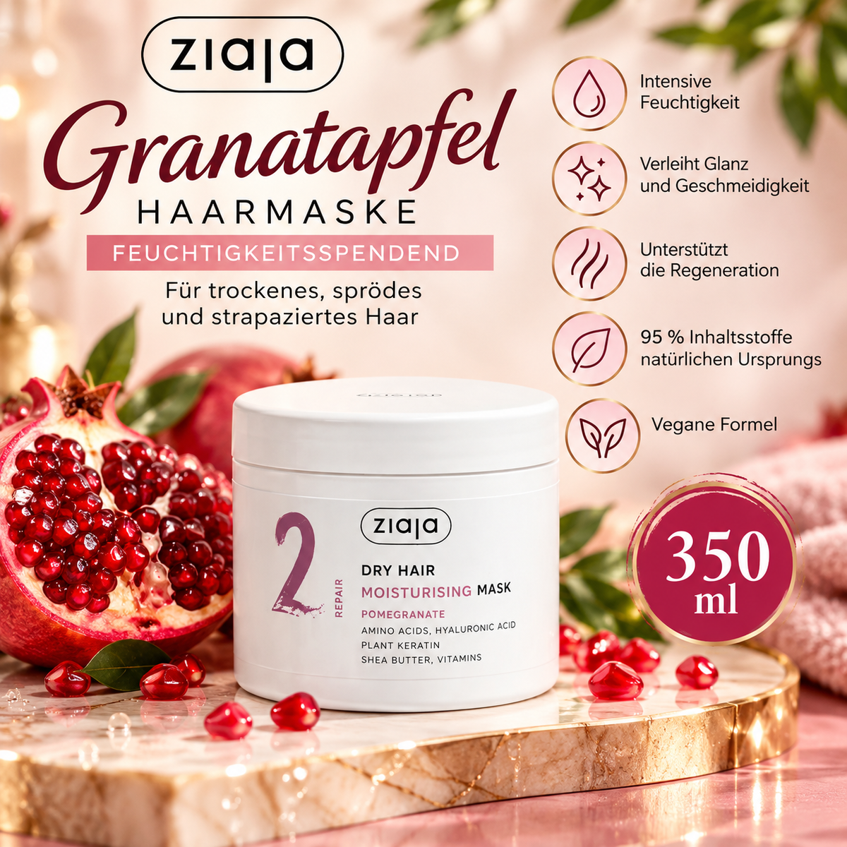 Ziaja – Nawilżająca maska do włosów z granatem 350 ml