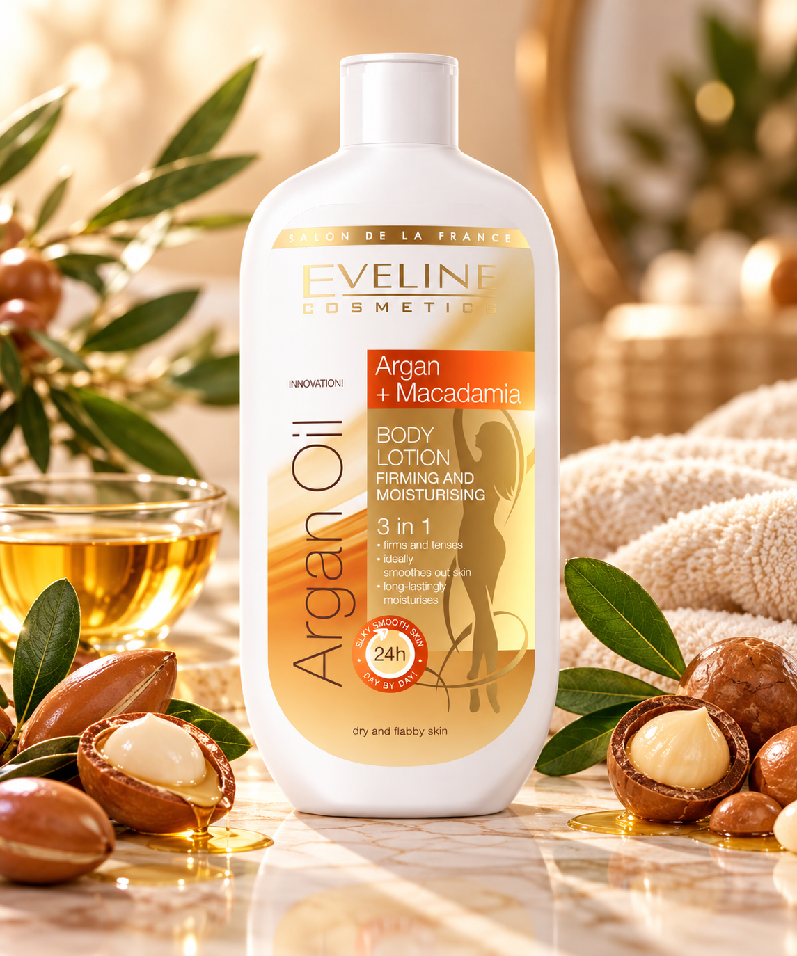 Straffende Körperlotion mit Arganöl, Macadamiaöl & Hyaluronsäure
