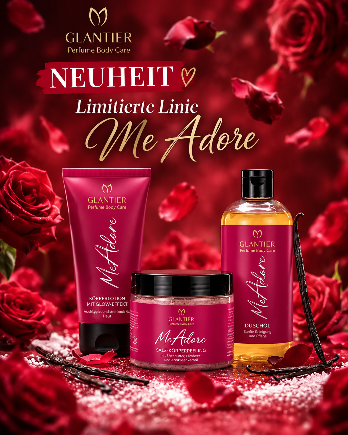 Glantier Geschenkset Me Adore - Duschöl, Peeling & Körperlotion (Glow-Effekt)