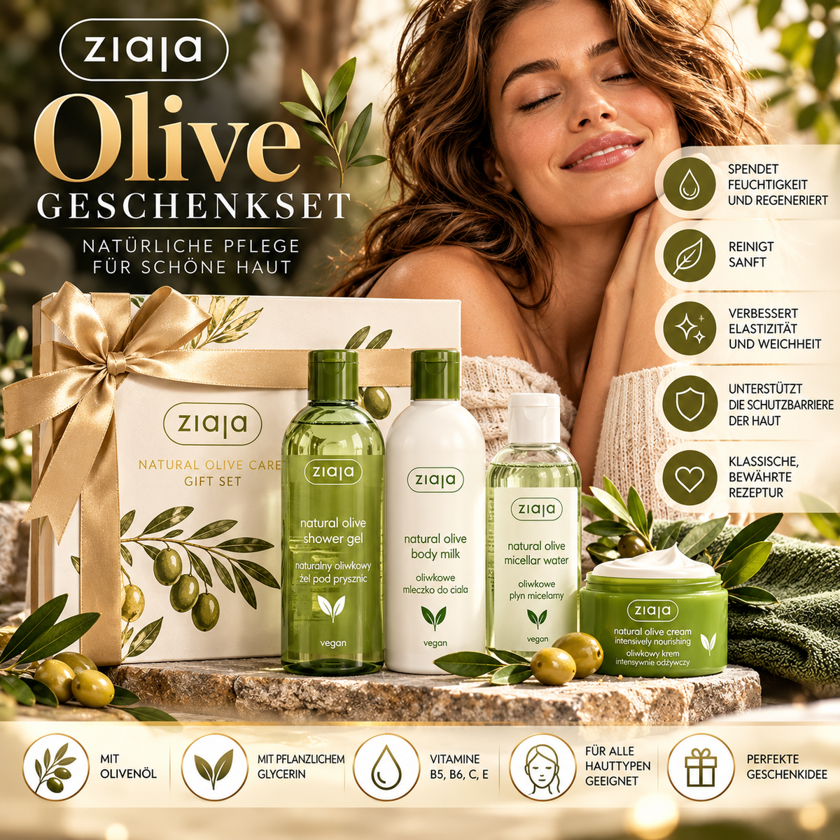 Ziaja Olive Geschenkset: Handcreme 80 ml + Gesichtscreme 50 ml + Augencreme 15 ml