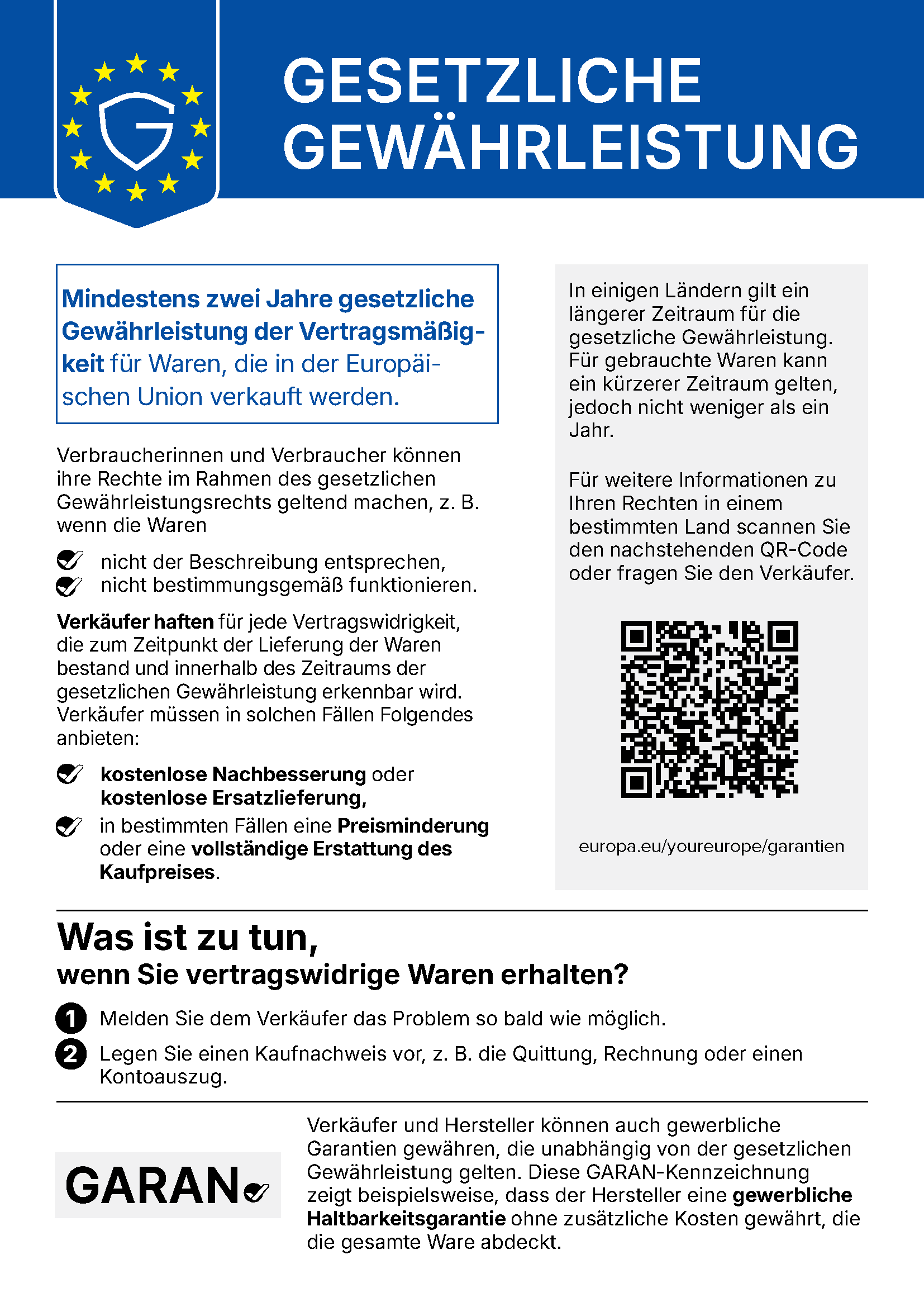 EU-Mitteilung zur gesetzlichen Gewährleistung: Für Waren, die in der EU verkauft werden, gilt mindestens zwei Jahre gesetzliche Gewährleistung. Verkäufer haften für jede Vertragswidrigkeit, die bei Lieferung bestand und in diesem Zeitraum erkennbar wird, und müssen kostenlose Nachbesserung oder Ersatzlieferung, in bestimmten Fällen eine Preisminderung oder vollständige Erstattung anbieten. Melden Sie das Problem so bald wie möglich und legen Sie einen Kaufnachweis vor. Weitere Informationen: europa.eu/youreurope/garantien